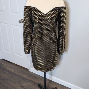 Midnight Glo Vintage Black Gold Polka Dot Long Sleeve Dress OffTheShoulder 8/10